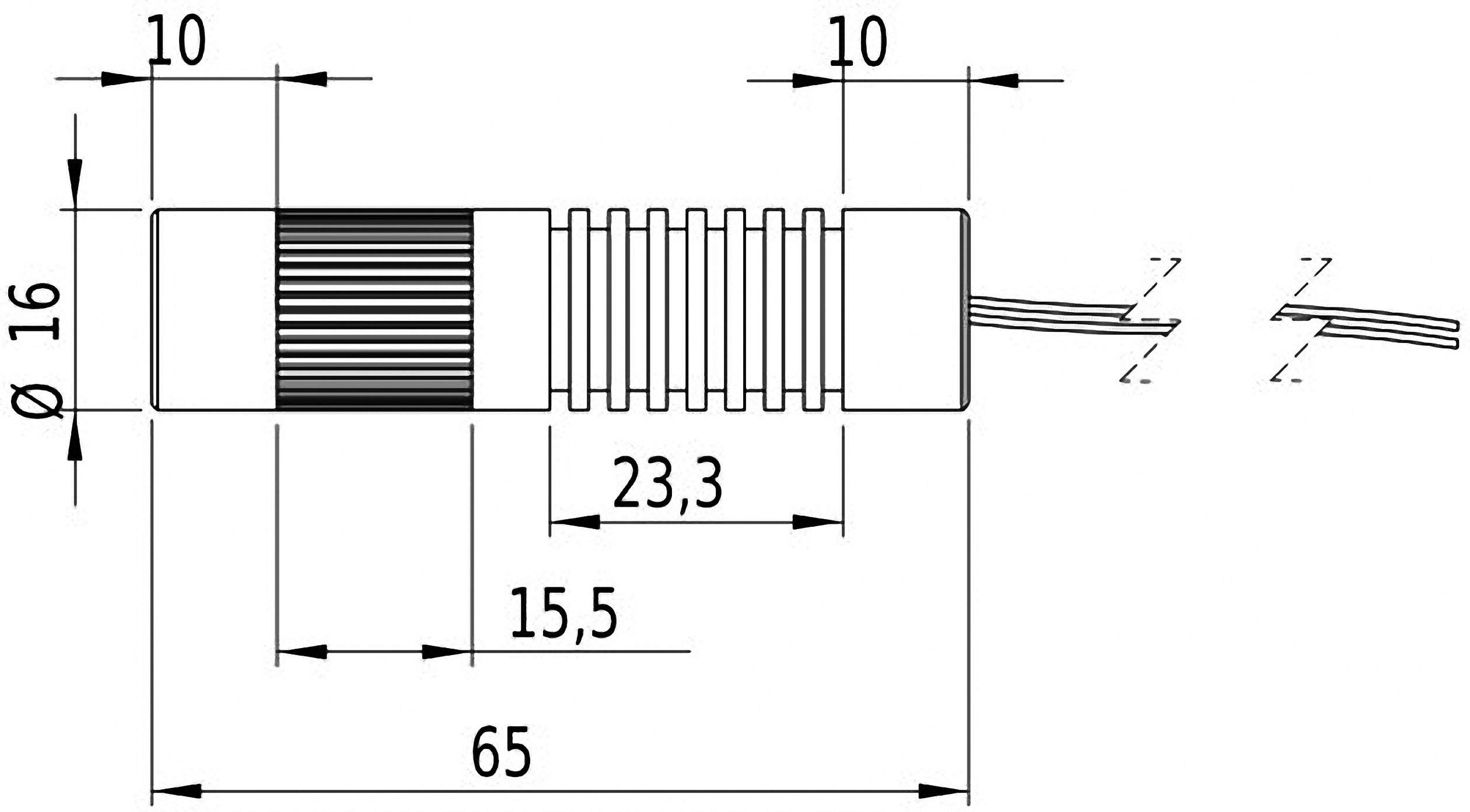 Teknisk tegning af en cylindrisk komponent med følgende dimensioner: Længde 65 mm, diameter 16 mm, og yderligere markerede segmenter.