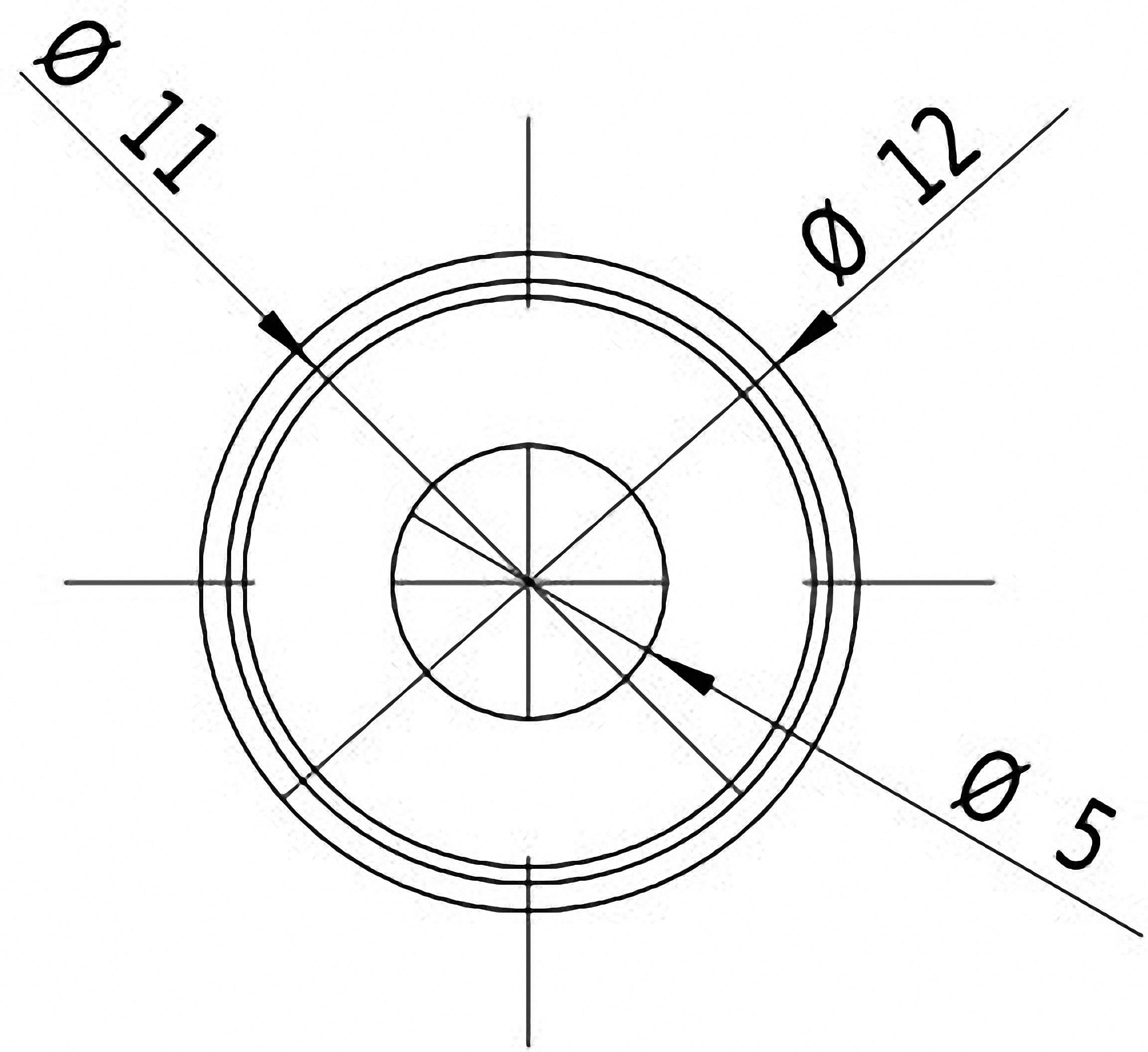 Teknisk tegning af en cirkel med tre cirkulære målinger: Diameter 11, 12 og 5. Linjer peger på de respektive områder.