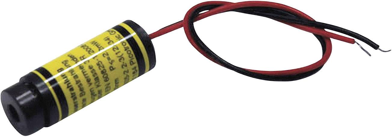 En cylindrisk laserpointer med en gul mærkat og to ledninger, en sort og en rød, til strømforsyning.