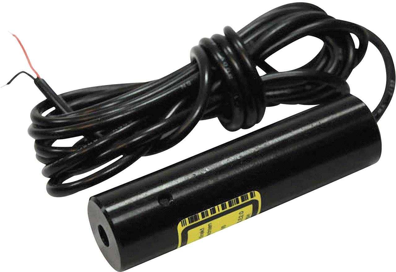 En sort cylinderformet laserpen med kabel. Kablet er oprullet. Forsiden af laserpennen er synlig.
