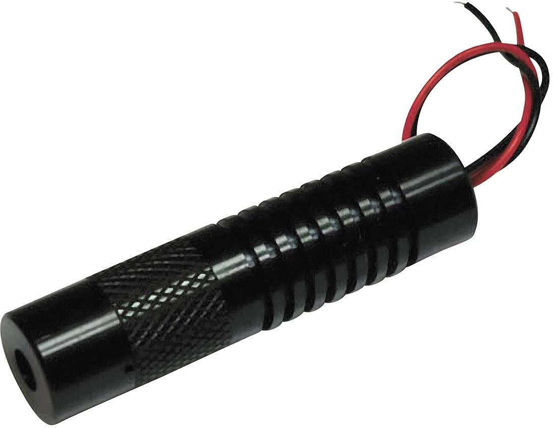 Et cylindrisk sort lasermodul med riflet overflade og to fremstående røde og sorte ledninger.