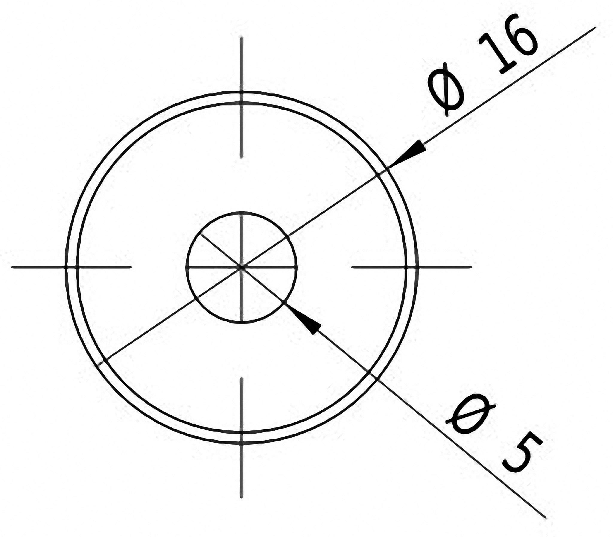 Teknisk tegning af et cirkulært objekt med to diametre: ydre cirkel Ø 16, indre cirkel Ø 5.