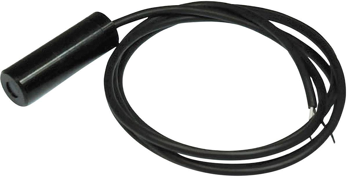 Sort cylindrisk sensor med langt kabel.