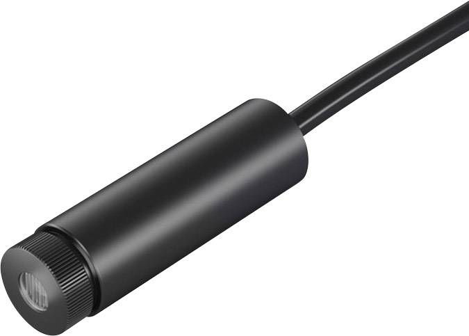 Sort cylindrisk sensor med kabelstik, ofte brugt i industrielle applikationer til måling eller detektering.