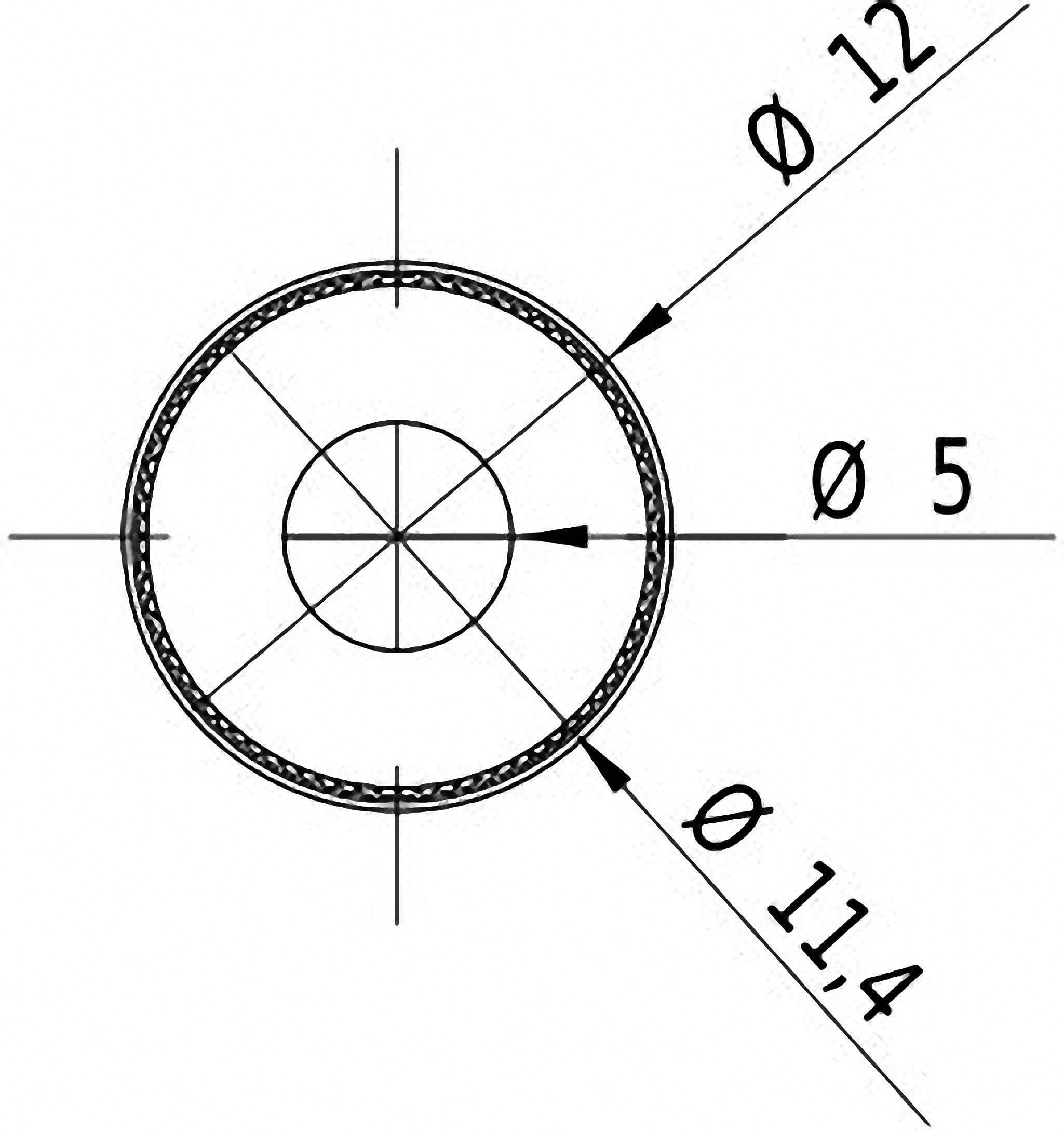 Teknisk tegning af en cirkel med et midterhul. Ydre ring Ø 12, indre ring Ø 11,4, midterhul Ø 5. Linjer markerer diameter.