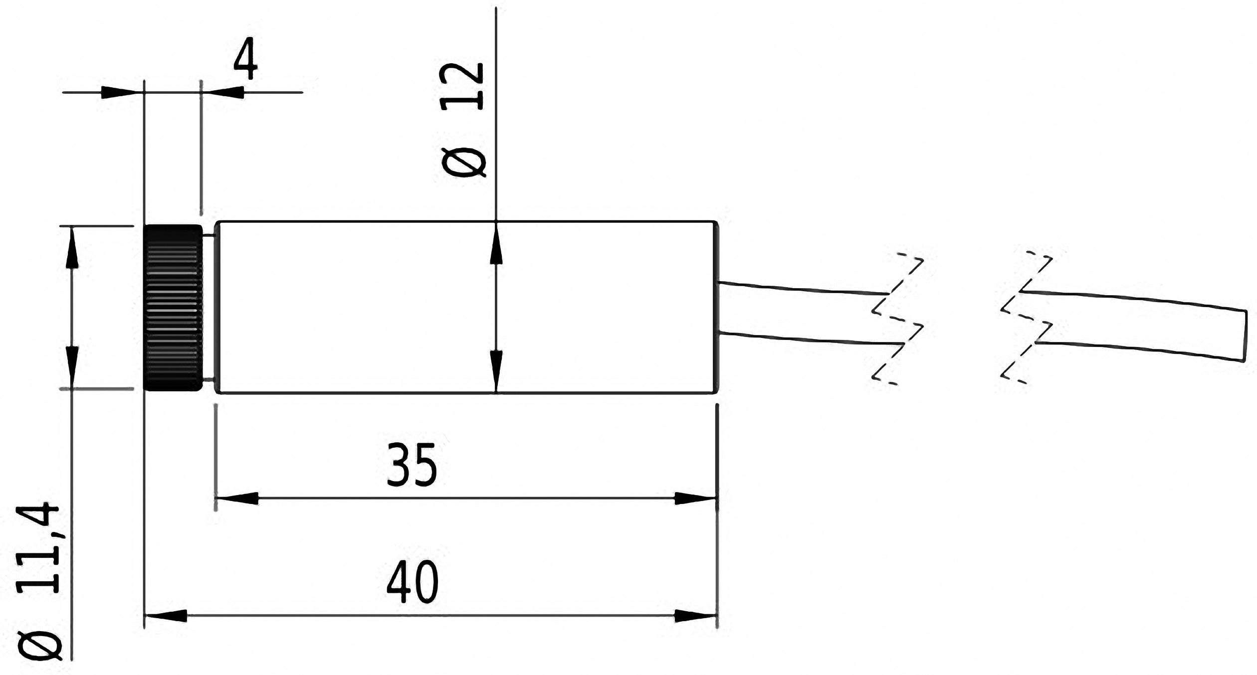 Tegning af et cylindrisk objekt med en diameter på 12 mm og en længde på 40 mm, kabelstik i den ene ende.