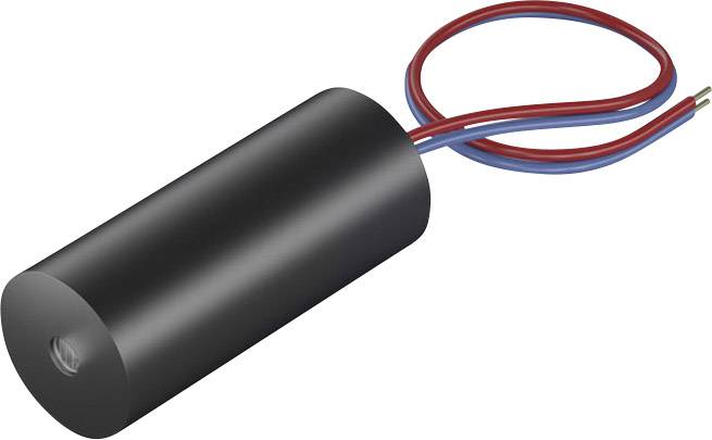 Cylinderformet elektronisk sensor med sort hus og røde samt blå kabler på hvid baggrund.