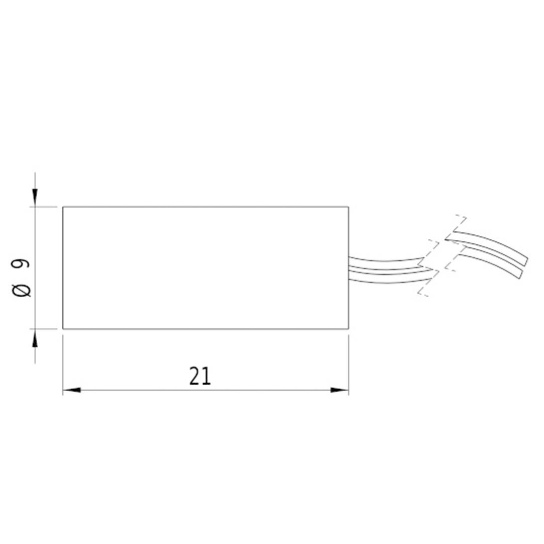 Elektrisk komponentdiagram: Cylinder med en diameter på 9 og en længde på 21, fremstående kabler på højre side.