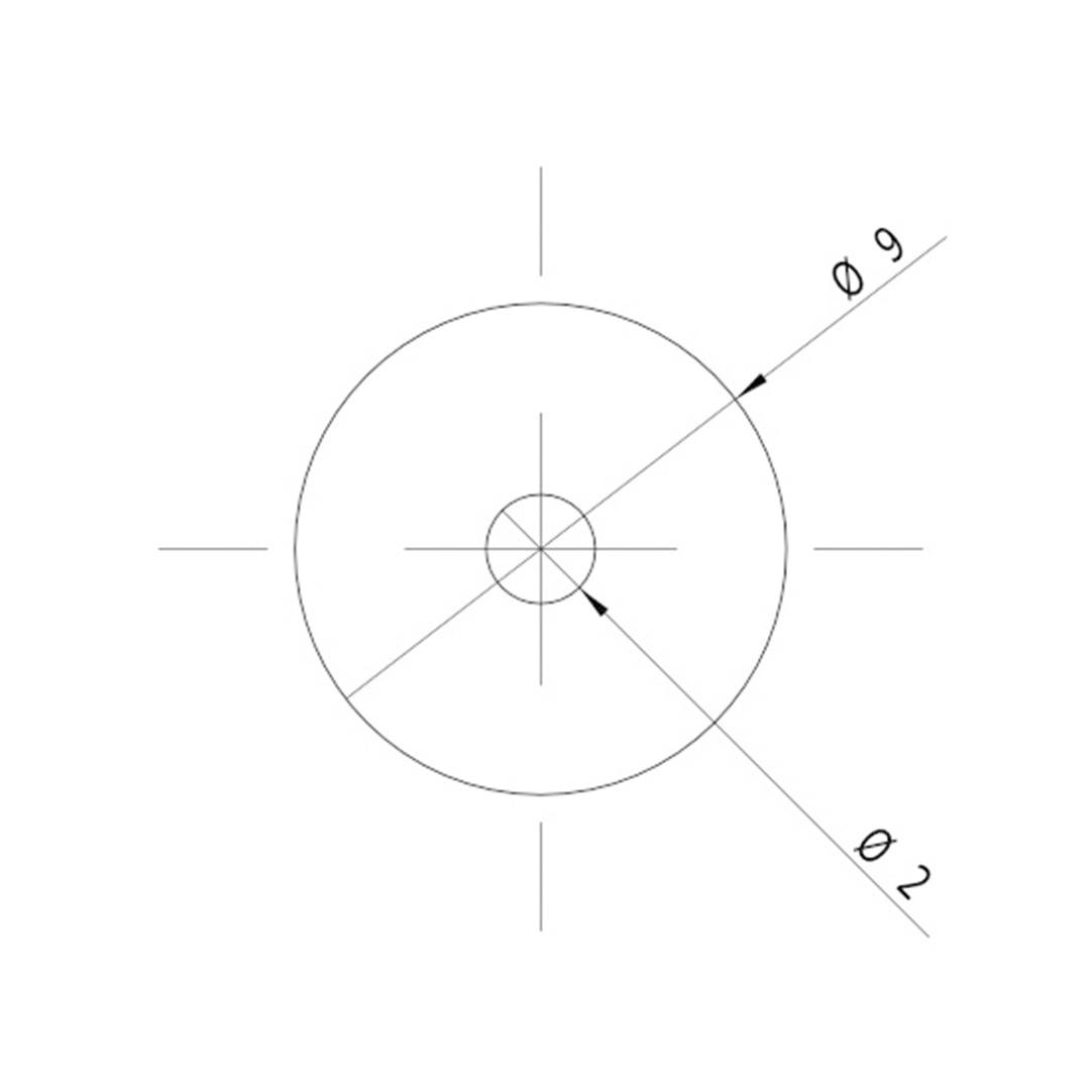 Teknisk tegning af en cirkel med to diametere. Den ydre cirkel har diameter Ø9, den indre cirkel Ø2.