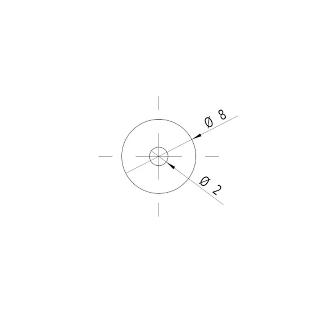Teknisk tegning af en cirkel med to diametre: ydre diameter 8, indre diameter 2, central markering.