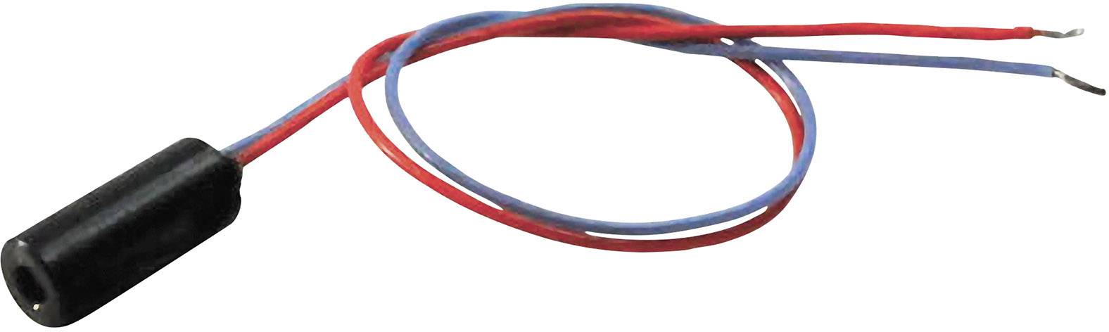 Cylinderformet magnetsensor med to ledninger, rød og blå, viser tilslutningspunkter for elektrisk kredsløb.