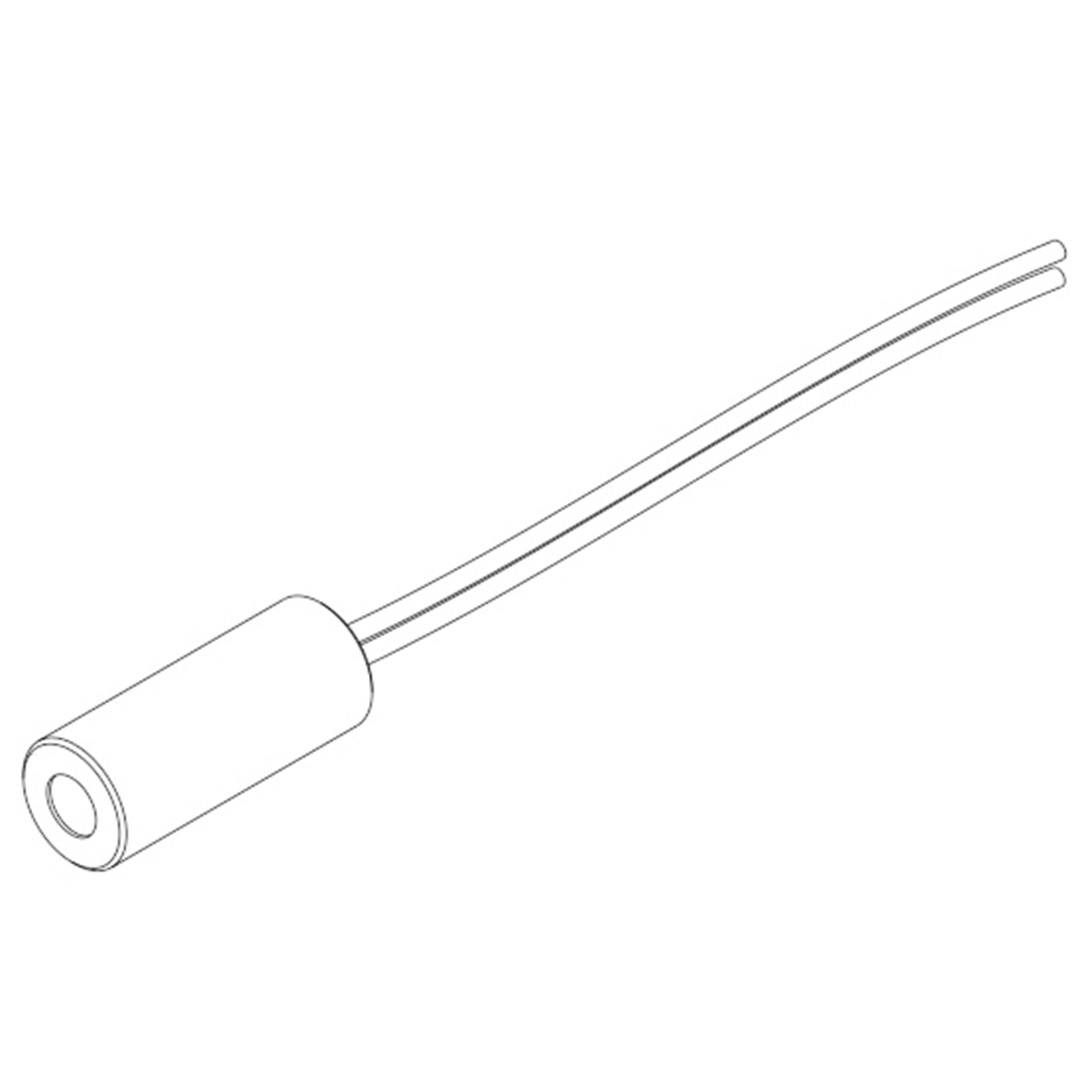 Linjetegning af et cylindrisk objekt med to tilsluttede ledninger, muligvis en elektronisk komponent eller en sensor.