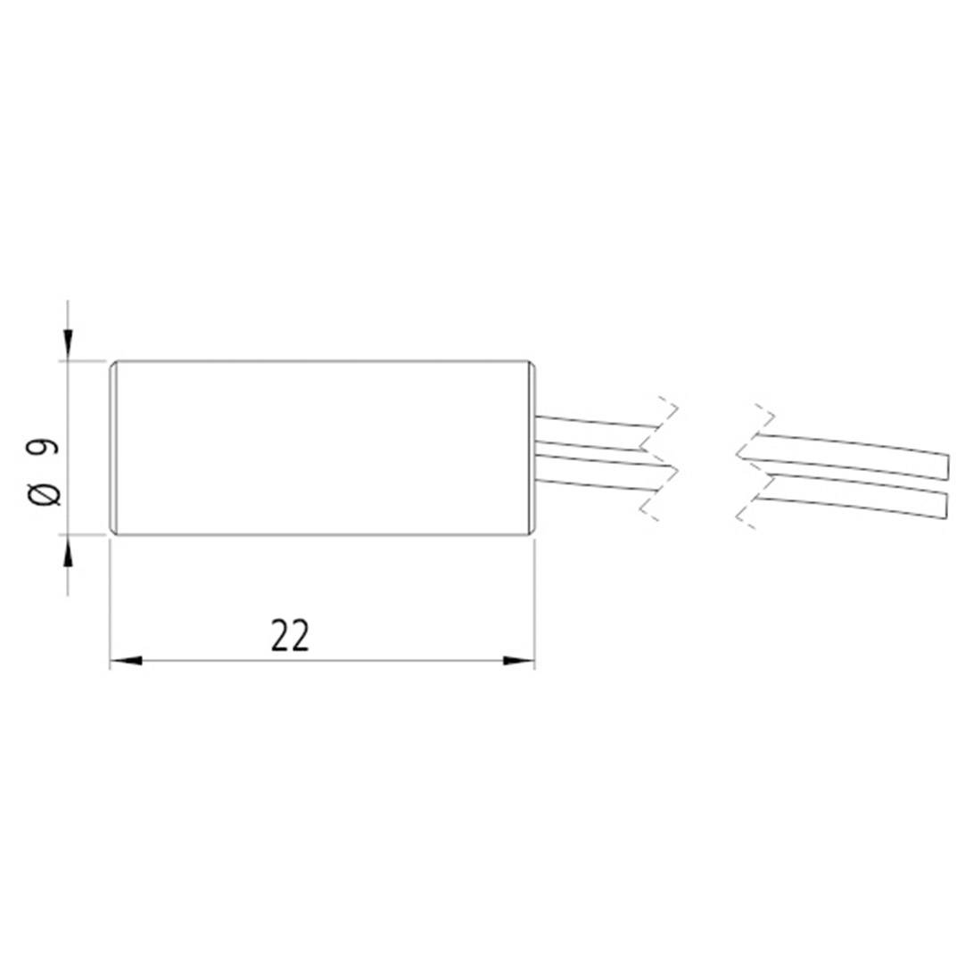Et teknisk diagram viser en rektangulær cylinder med en diameter på 9 mm og en længde på 22 mm. To kabler stikker ud.