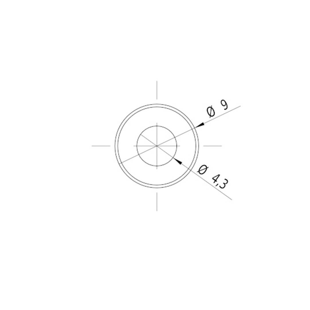 Teknisk tegning af en cirkulær komponent med to diametre, Ø9 og Ø4,3, som viser størrelsesforholdet mellem den indre og ydre cirkel.