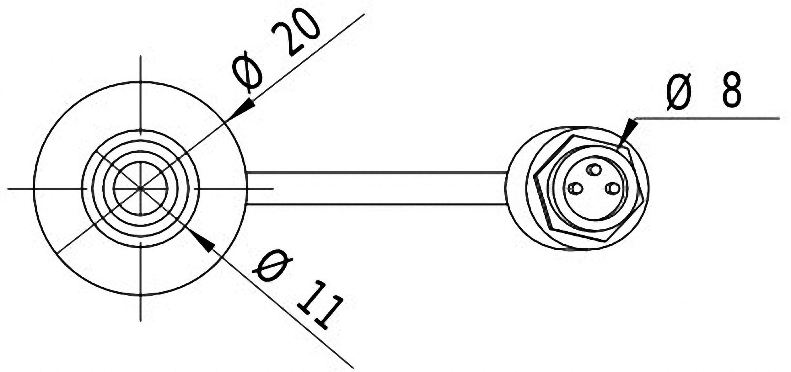 Teknisk tegning af en stang med to cirkulære endestykker. Venstre ende: Diameter 20 og 11, højre ende: Diameter 8.