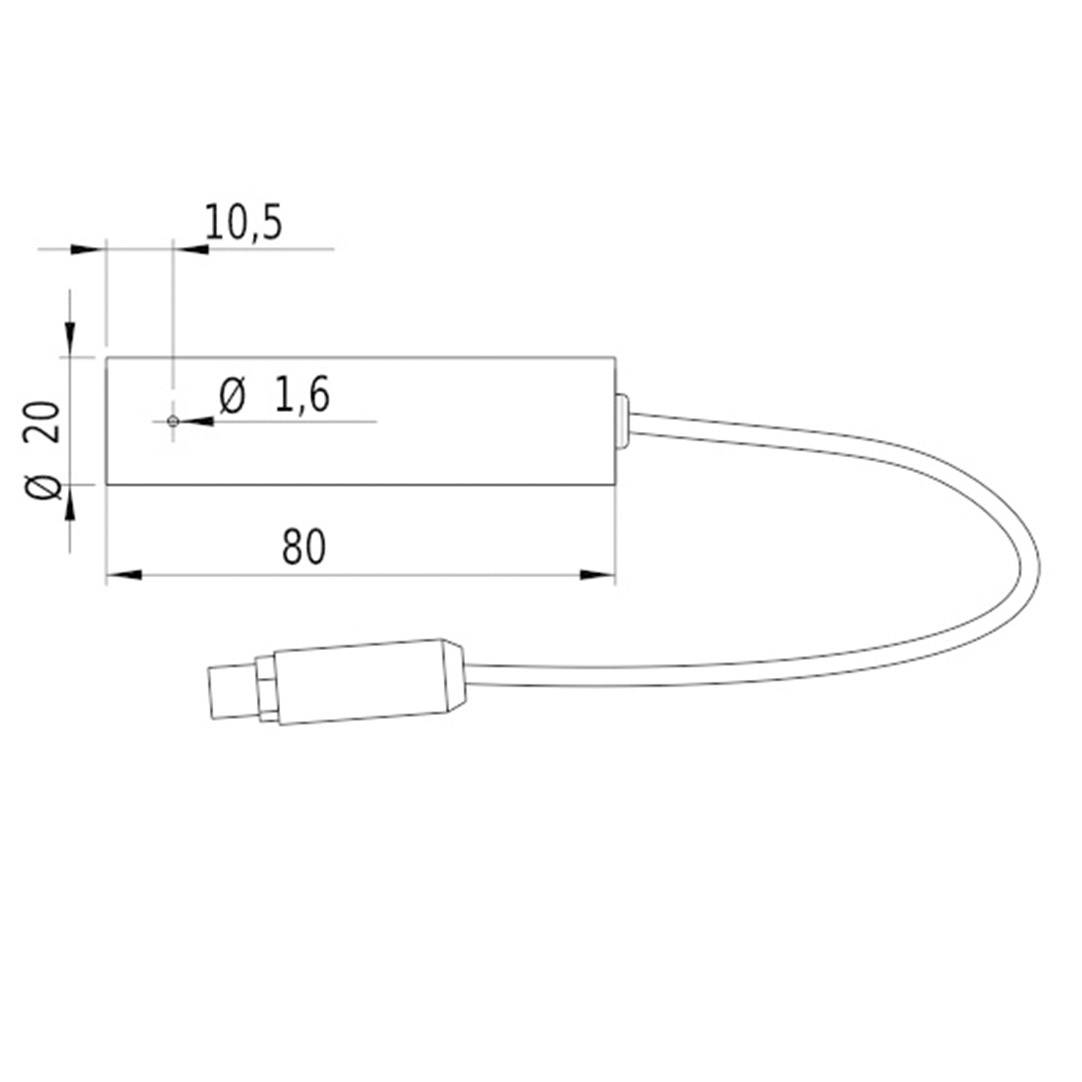 Tegning af et slankt cylindrisk objekt med følgende mål: Længde 80, diameter 20, mindre diameter 1,6.