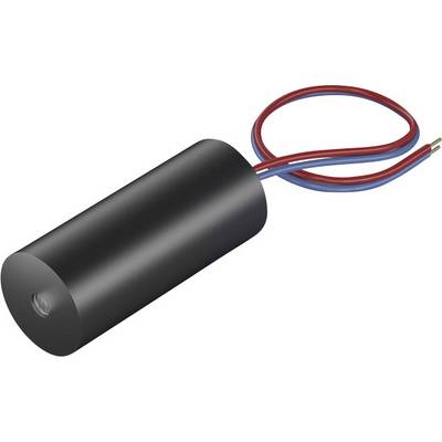 En cylindrisk, sort sensor med to fremstående ledninger i rød og blå.