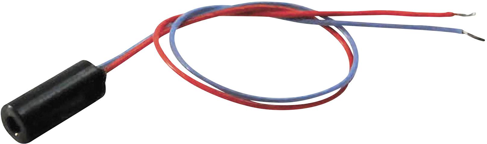En cylindrisk elektromagnet med to fremstående ledninger, en rød og en blå, ligger på en hvid overflade.