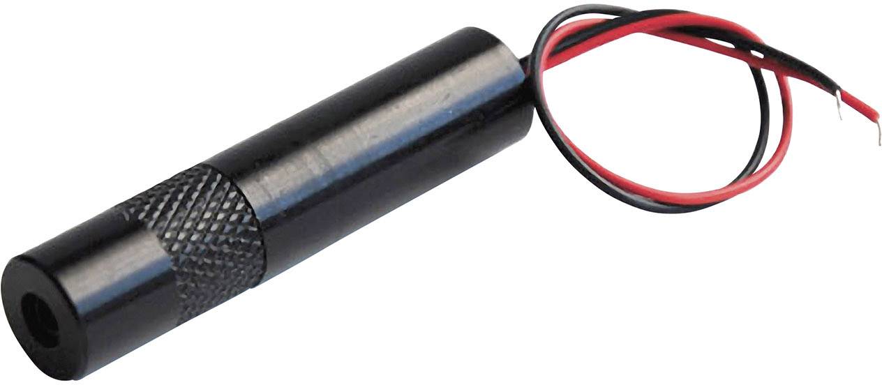 Sort cylinderlaser med røde og sorte kabler, egnet til præcisionsretning i tekniske applikationer.