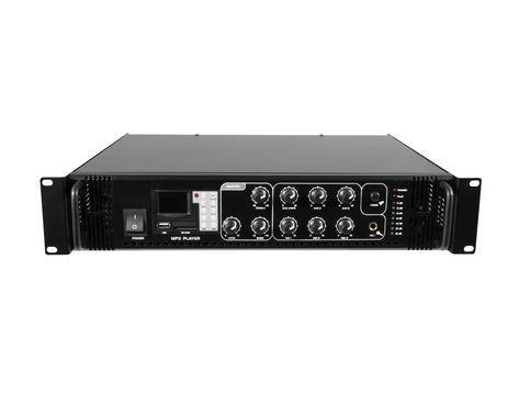 En sort audiomixer med flere drejeknapper og kontakter på forsiden. Mærkning 'MP3-afspiller' synlig.