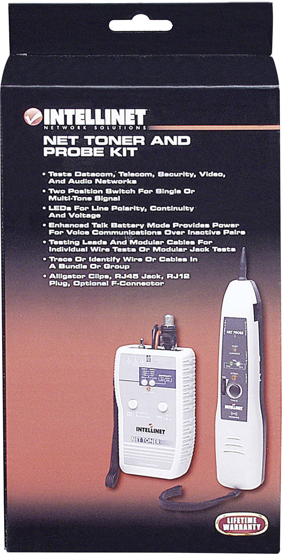 Emballage til et Intellinet Net Toner og Probe Kit med funktioner til kabeltest og lydkontrol. Viser enhedsafbildninger.