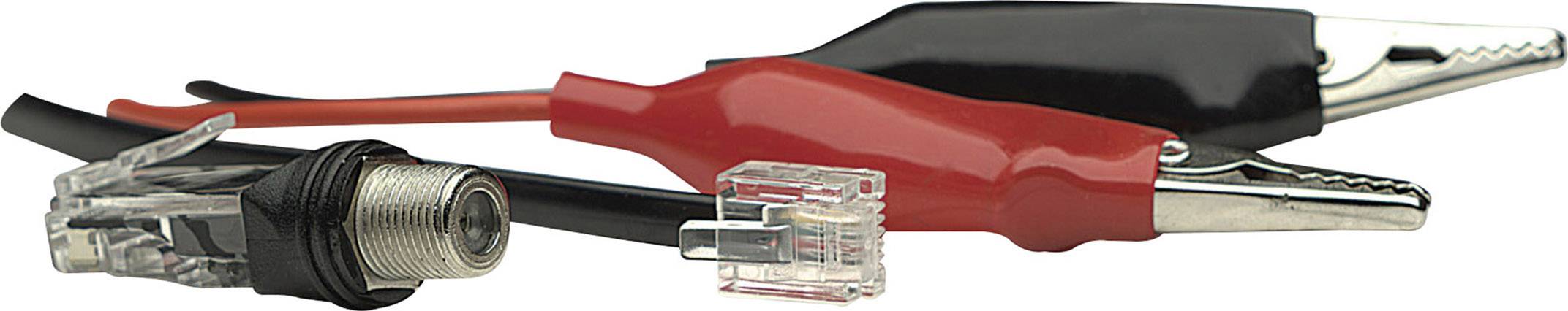 To krokodilklemmer, rød og sort, ved siden af en RJ45-stik og en antenneforbindelse. Ideel til tekniske anvendelser.