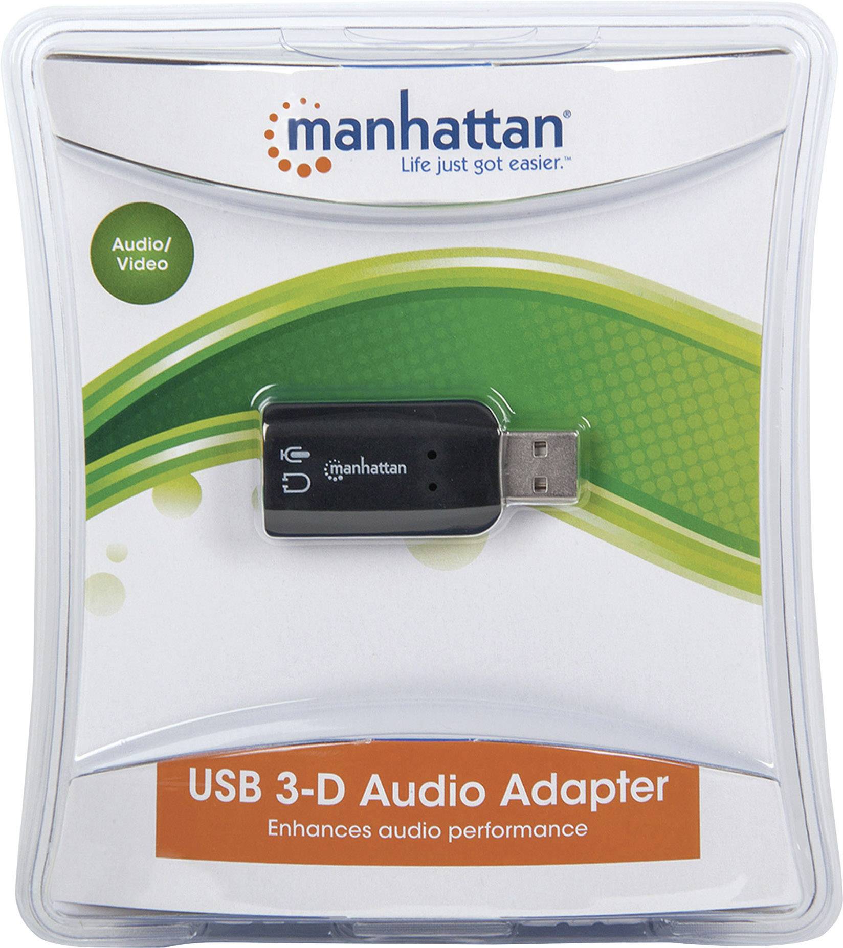 USB 3-D Lydadapter' emballage fra 'Manhattan', viser en USB-enhed til forbedring af lydkvalitet. Hovedfarverne er grøn og blå.