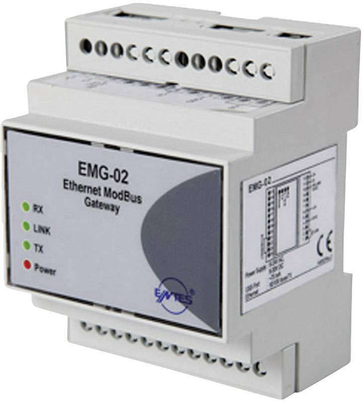 Et Ethernet ModBus Gateway EMG-02 i et gråt kabinet med LED-indikatorer for RX, LINK, TX og Power, monteret på en DIN-skinne.