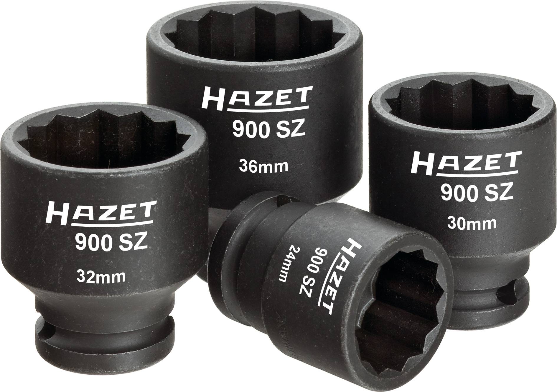 Fire sorte topnøgler fra mærket Hazet med størrelsesangivelser: 36 mm, 32 mm, 30 mm og 24 mm. Alle er mærket med '900 SZ'.