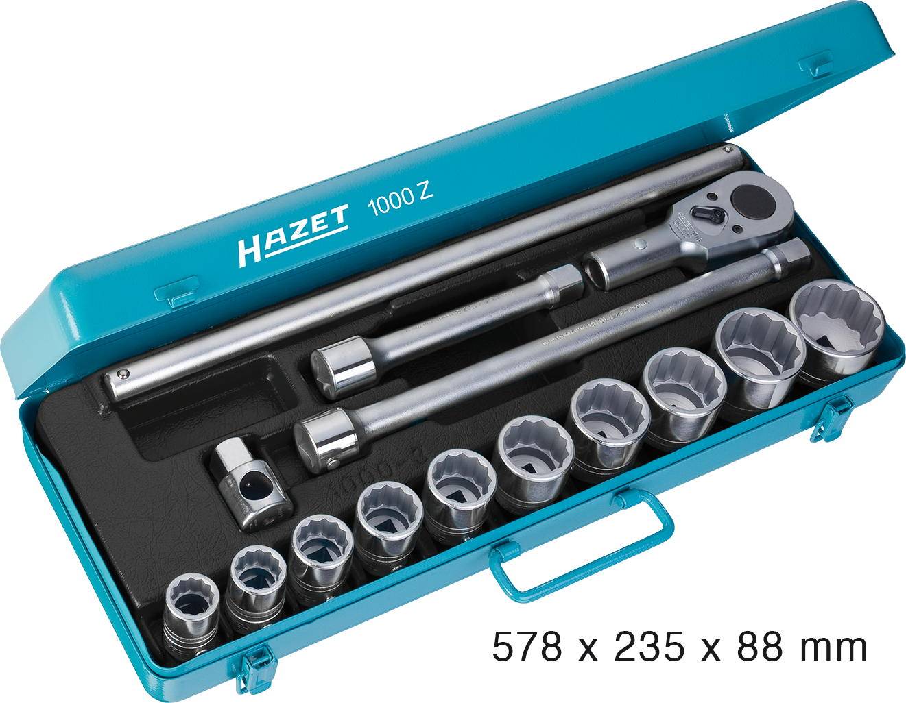 Værktøjskasse med momentnøgle og 13 topnøgler i forskellige størrelser. Mål: 578 x 235 x 88 mm.