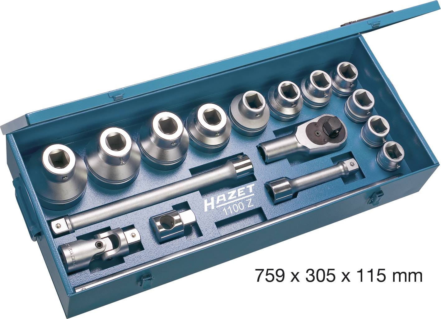 Sæt med topnøgler og tilbehør i en blå metalbox fra Hazet, model 1100 Z, med målene 759 x 305 x 115 mm.