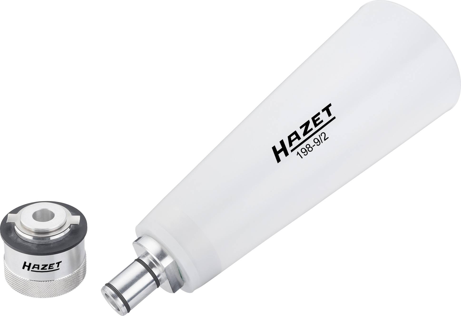 Tragt med skruelåg fra Hazet, model 198-9/2, ved siden af en rund adapter. Tilbehør til værkstedsarbejde.