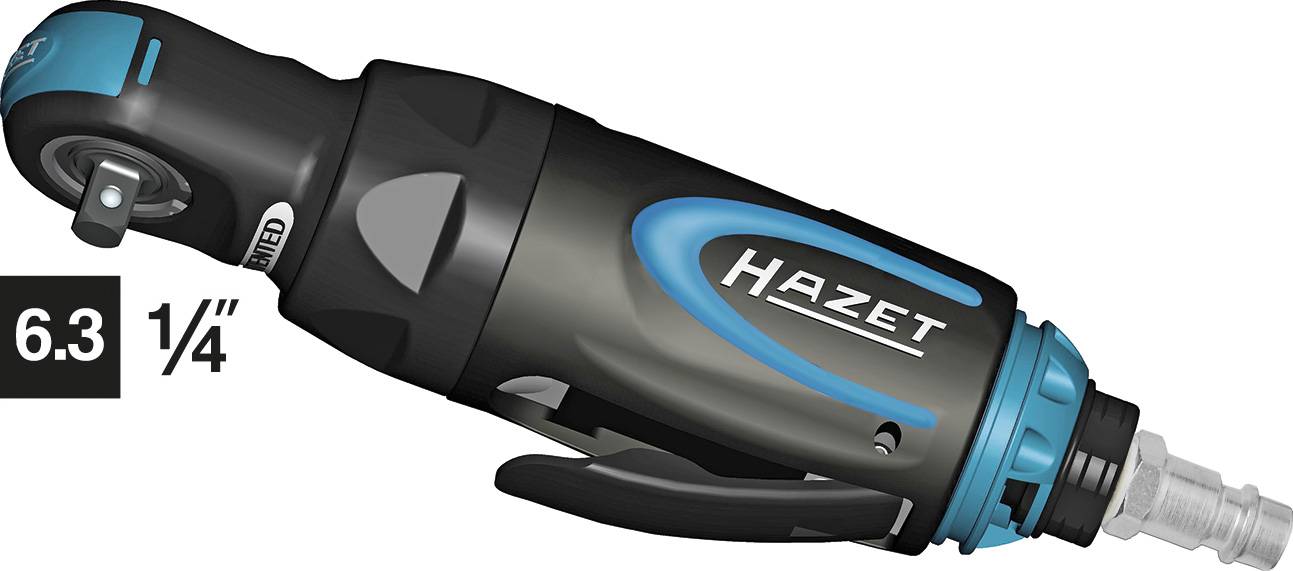 Pneumatisk slagskruenøgle fra Hazet, blå-sort. Visning '6.3, 1/4 tomme'. Egnet til skrueopgaver i værkstedet.