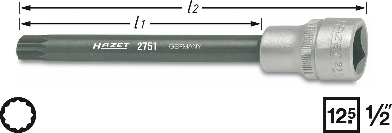 Topnøgle med lang skaft, mærke Hazet, model 2751. Mål: l1 og l2. Made in Germany. Profil og størrelse 12,5" ½".