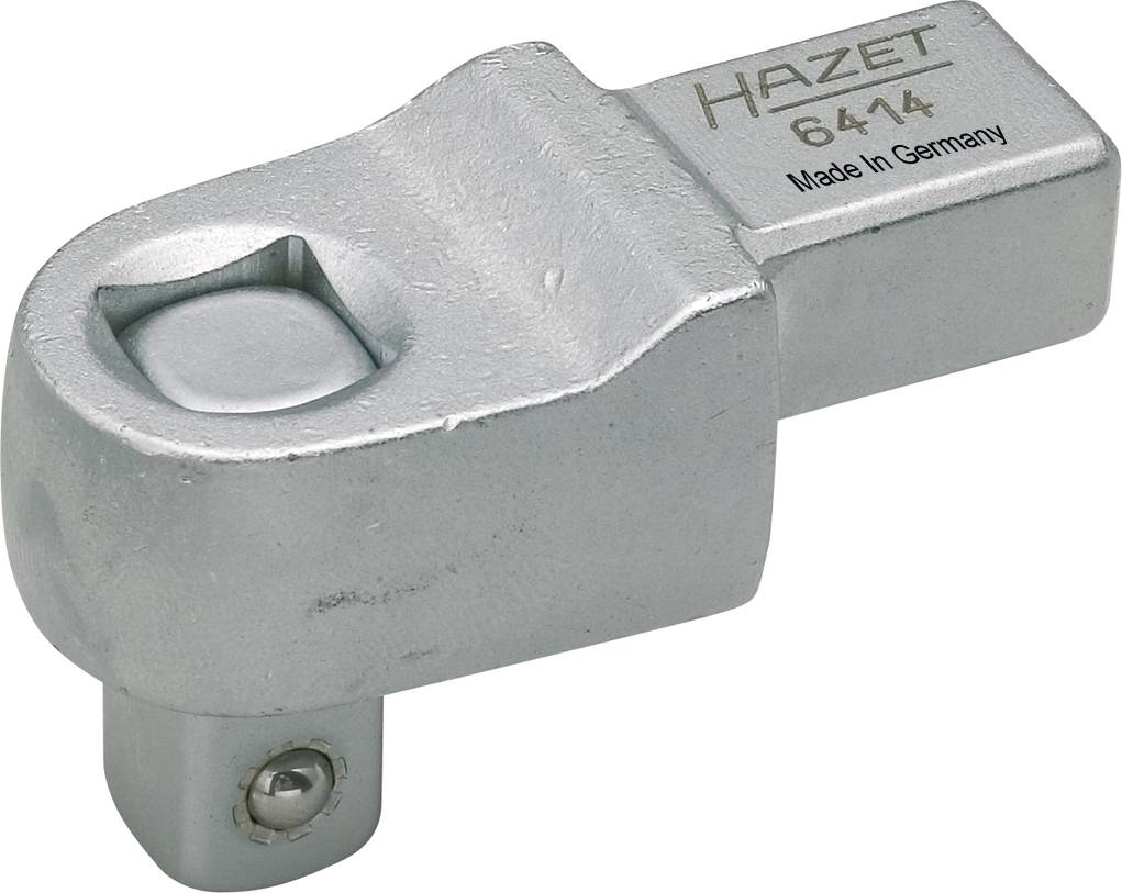 Metaladapter med påskriften 'Hazet 6414 Made in Germany', bruges til at forbinde værktøjer, for eksempel ved skraldenøgler.