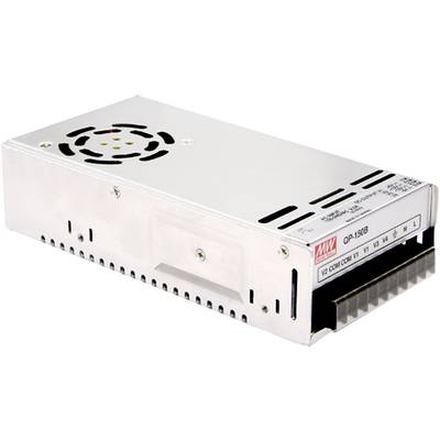Et sølvfarvet switch-mode strømforsyning fra mærket Mean Well, model QP-150B, med en ventilator på toppen og tilslutninger på forsiden.