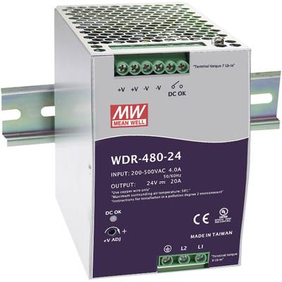   Mean Well  WDR-480-24  Strømforsyning til DIN-skinne (DIN-rail)    24 V/DC  20 A  480 W  Antal udgange:1 x    Indhold 