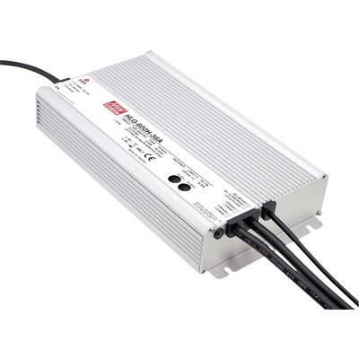 Et rektangulært apparat med ribbet kabinet og kabelstik. Påskrift: 'MEAN WELL HLG-600H-54A'. Elektrisk tilbehør.