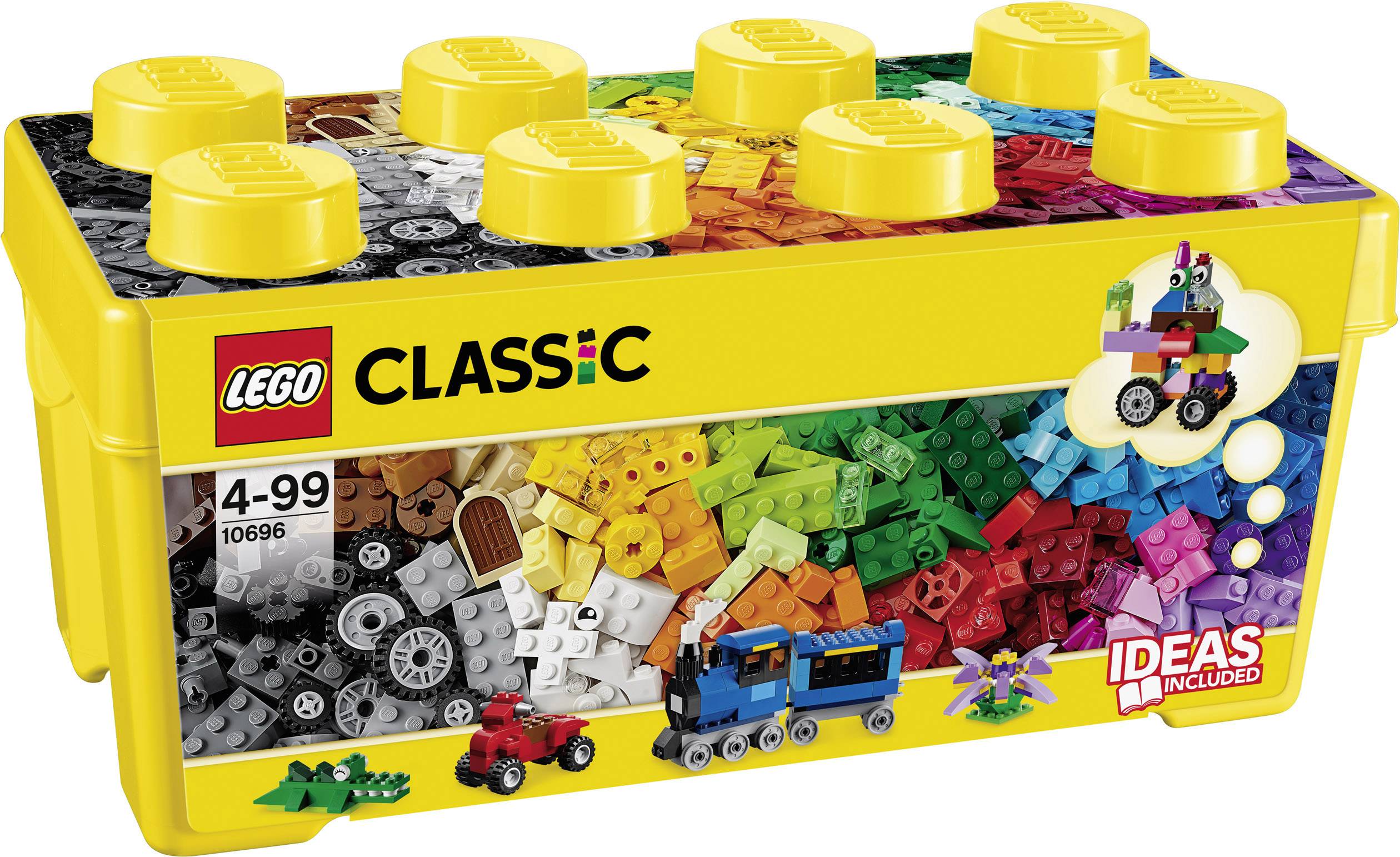Gul Lego Classic-boks med mange farverige byggeklodser. Aldersangivelse 4-99 år. Påtrykt viser forskellige byggemuligheder.