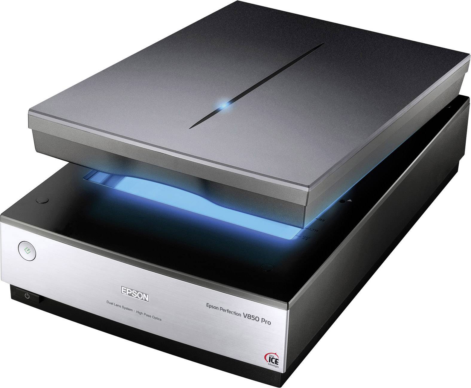 En flatbedscanner med åben låg og blåt lys. Enheden bærer logoet 'Epson Perfection V850 Pro'.