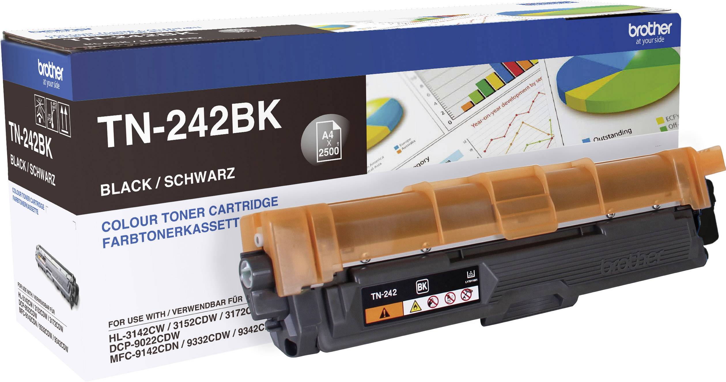 Tonerkassette med påskriften 'Brother TN-242BK', egnet til flere printermodeller. Indeholder sort blæk.