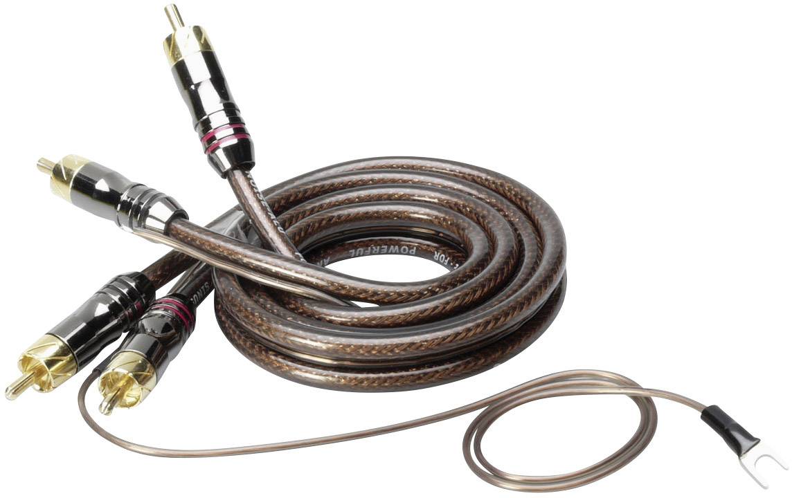 Et high-end audiokabel med multiple stik, sammenrullet. Velegnet til stereoanlæg og hi-fi-systemer.