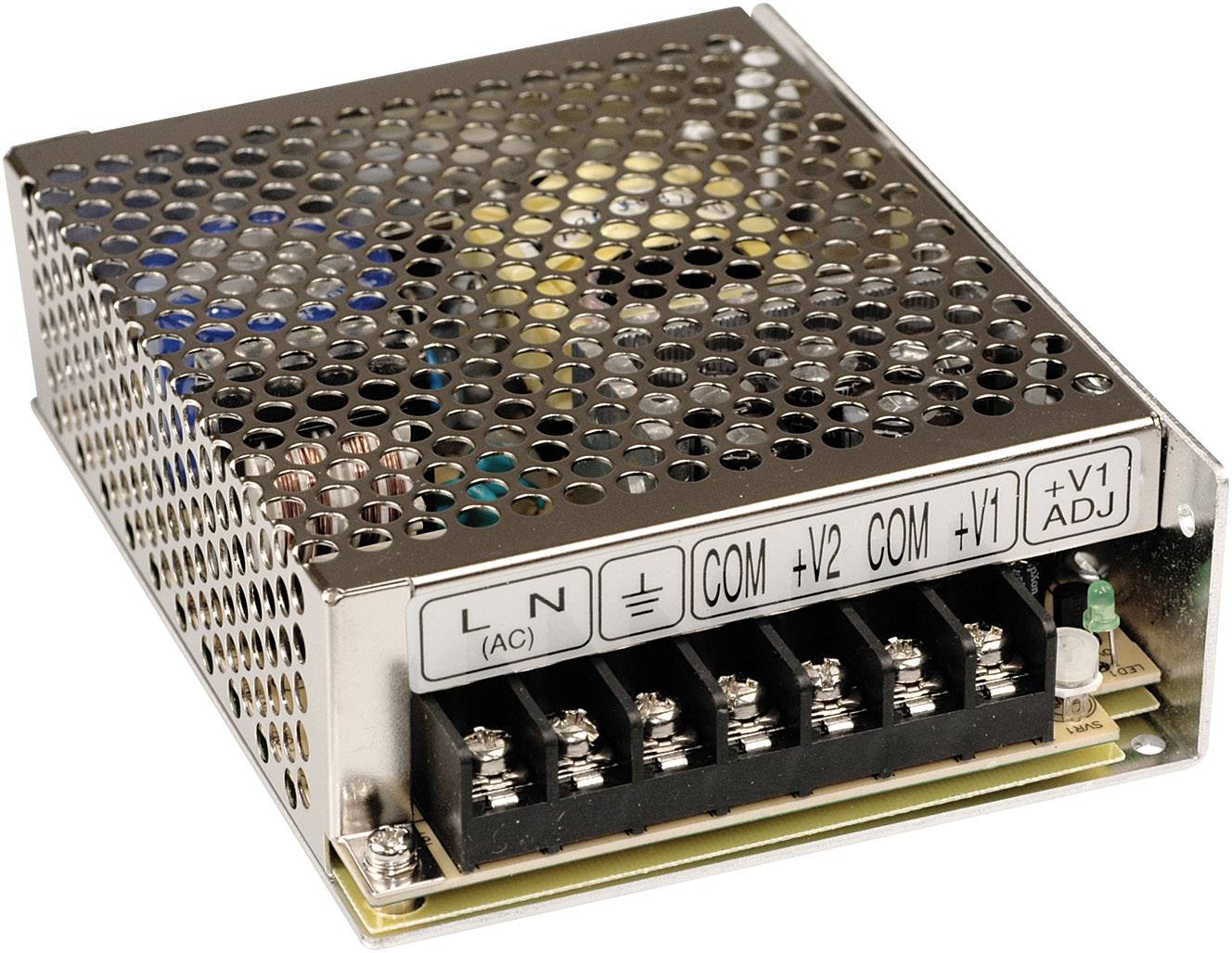 Metallic strømforsyningsboks med ventilationshuller og flere tilslutningsklemmer.