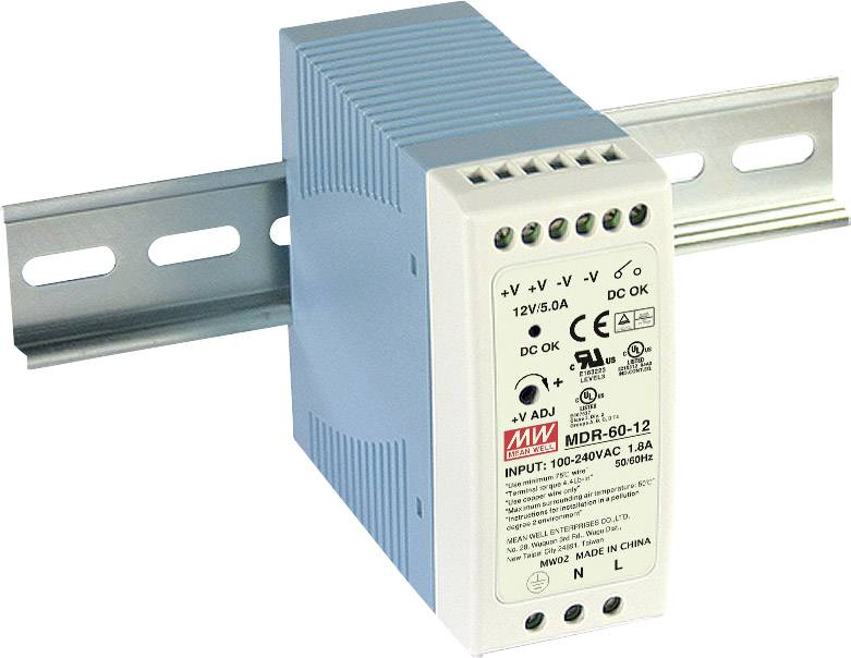 Mean Well strømforsyning MDR-60-12 monteret på DIN-skinne, leverer DC-udgang på 12V/5A ved en indgangsspænding på 100-240VAC.