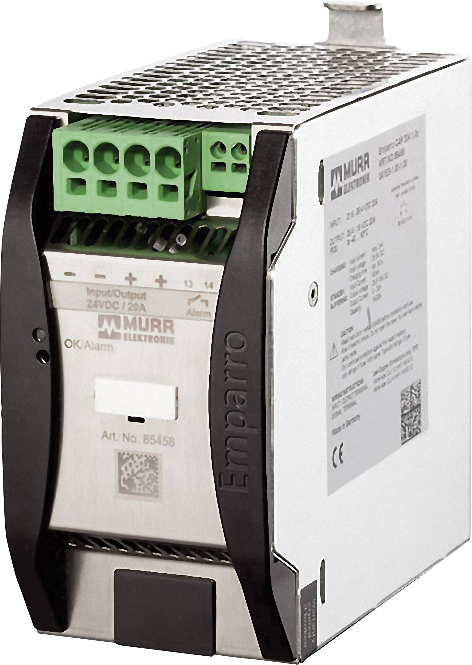 Et DIN-skinne strømforsyningsmodul fra Murr Elektronik. Det er designet til 24VDC/20A. Tydelig mærkning og grønne tilslutningsklemmer er synlige.