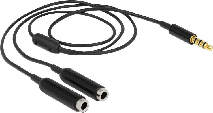 Sort AUX-Y-kabel med et stik og to bøsninger, velegnet til at forbinde lydudgange med to hovedtelefoner eller højttalere.