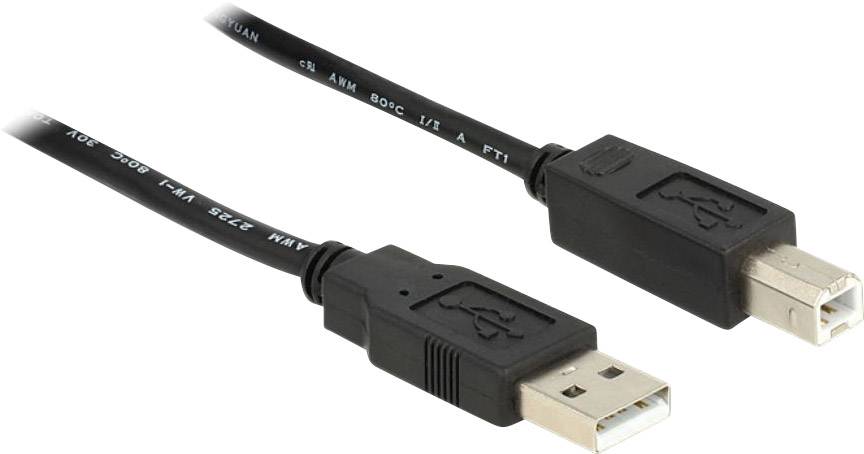To vendsorte USB-kabler: venstre et USB-A-stik, højre et USB-B-stik. De bruges til tilslutning mellem enheder og computere.