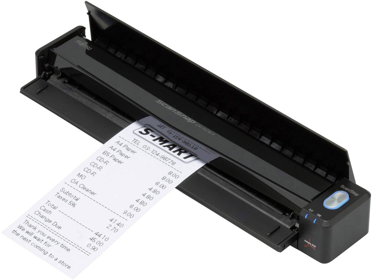 Kompakt mobil printer udskriver en kvittering med en liste over artikler og priser. Enheden har et sort kabinet.