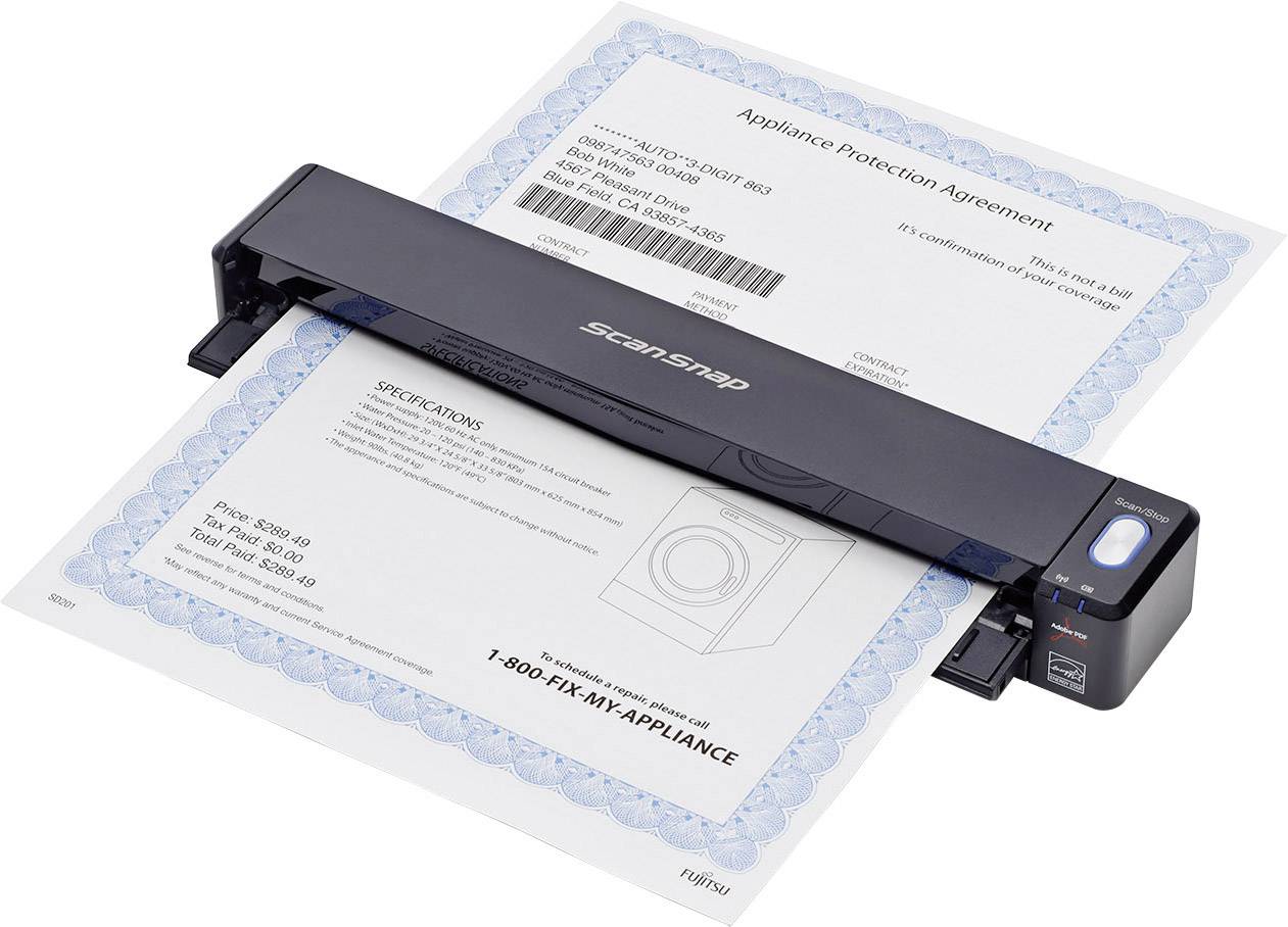 En scanner scanner to dokumenter: En kontrakt med blå kanter og en specifikation med produktbillede og telefonnummer.