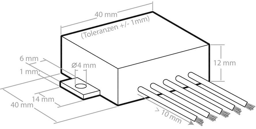 Teknisk tegning af rektangulær komponent med dimensioner: 40x40x12 mm. Indeholder kabel og monteringselement. Tolerancer +/- 1 mm.